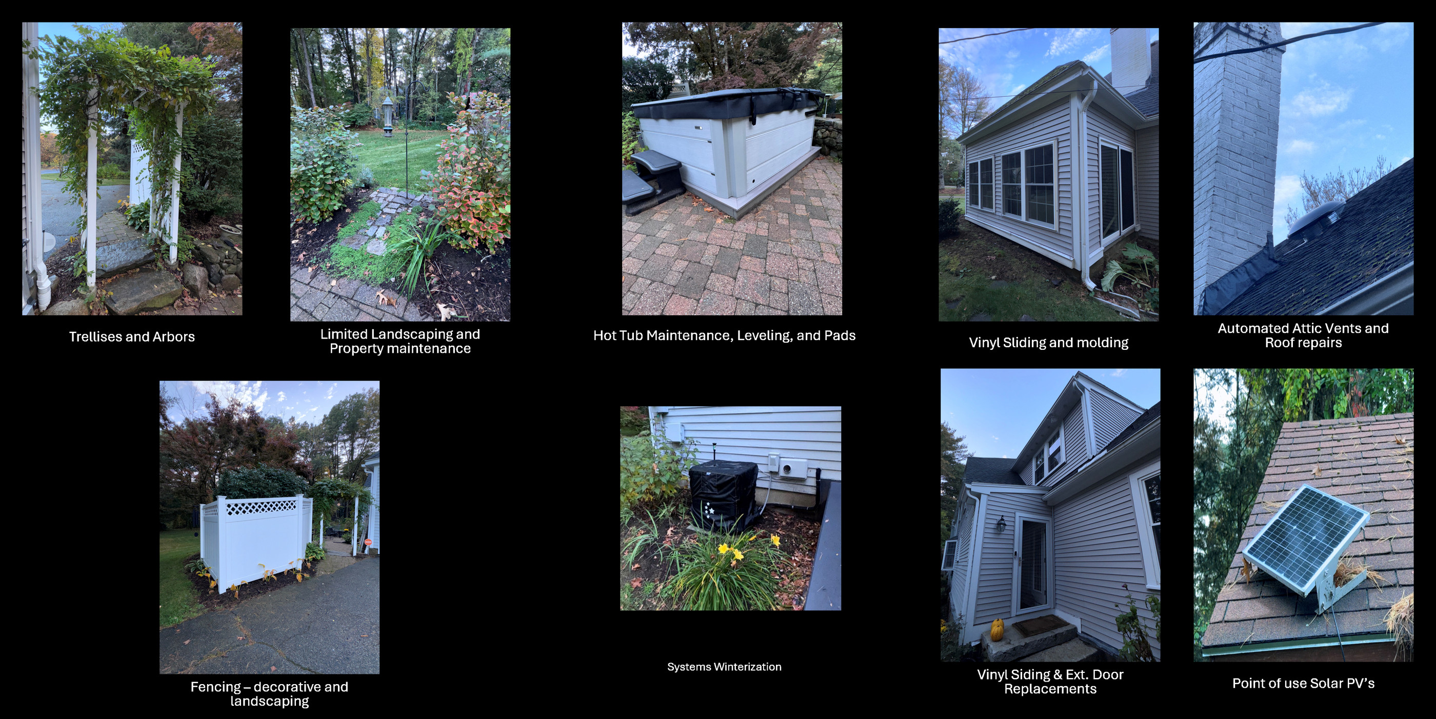 Exterior project collage showing arbors, landscaping, a hot tub, siding, fencing, weatherization, doors, roof ventilation, and a small solar panel.